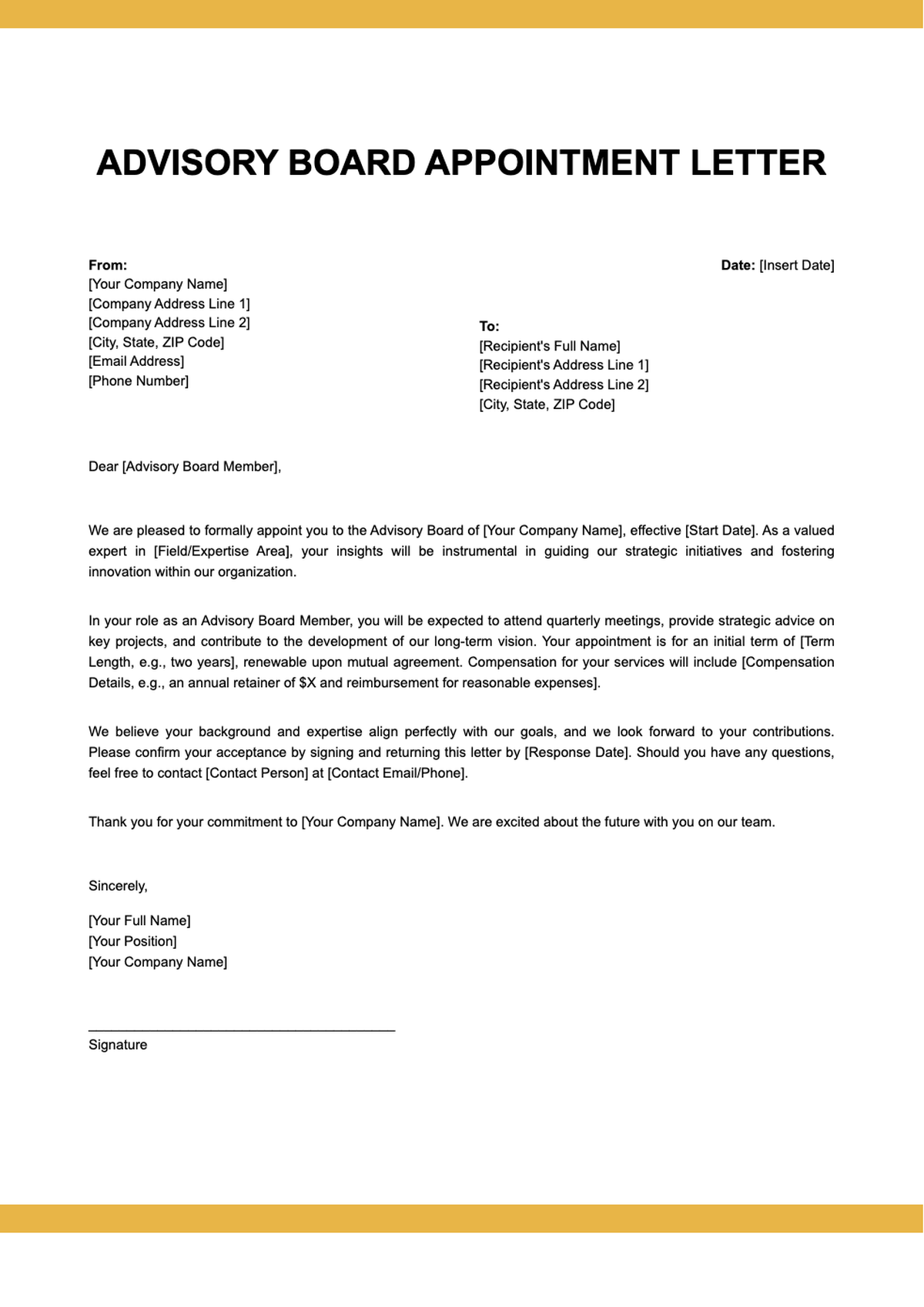 Advisory board appointment letter template with placeholder fields and orange accents_variant_2